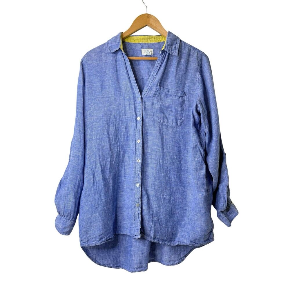 Sigrid Olsen Womens 100% Linen Blue Button Up Shirt Roll Tab Sleeve Sz S Coastal